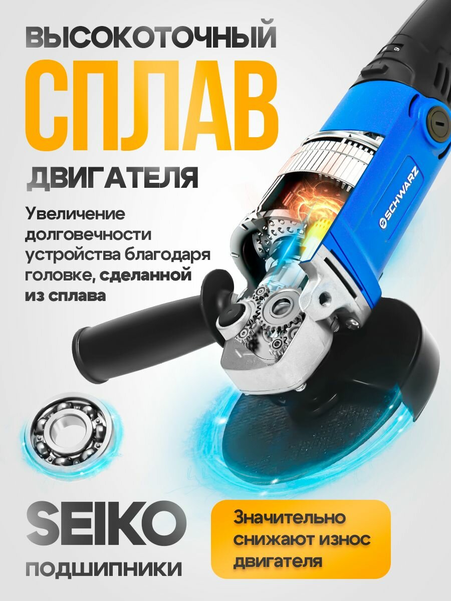 Болгарка (УШМ) Schwarz 1600 Вт, 125 мм, 12000 об/мин, рег. оборотов, охлаждение, 3 диска + подарки — фото 1