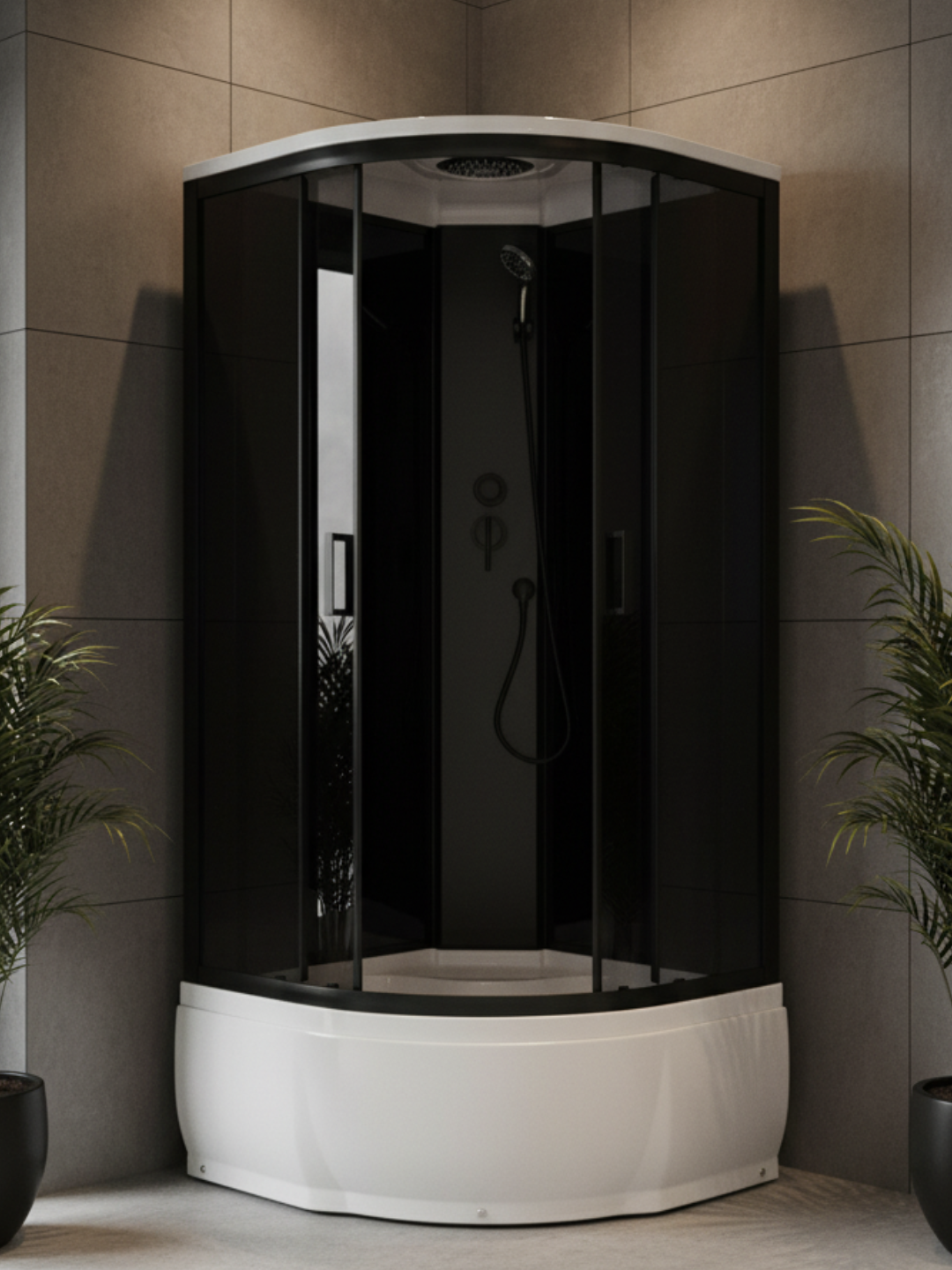 Душевая кабина, с поддоном и тонированным стеклом, тропический душ и полки — фото 1