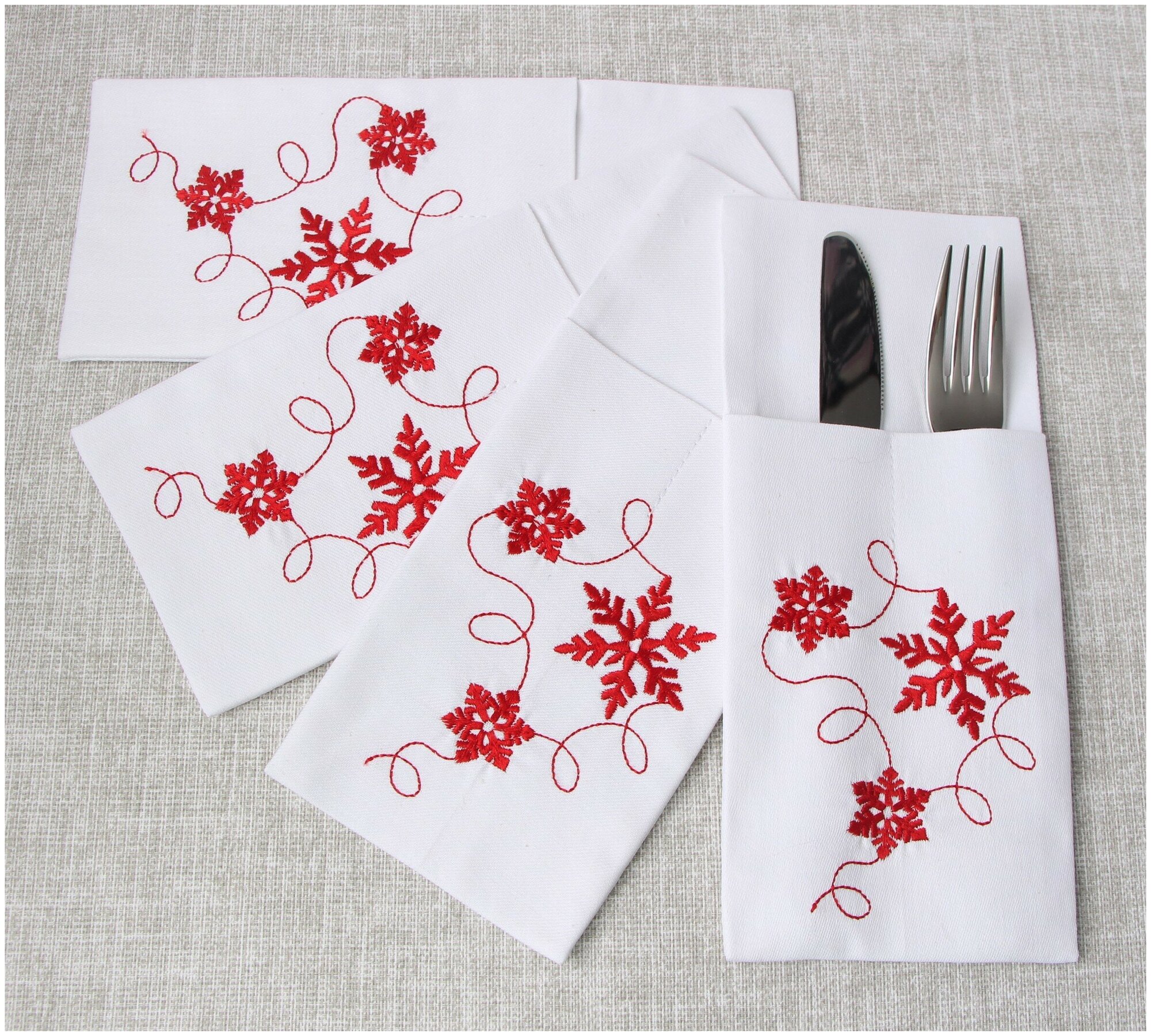Конверт для столовых приборов Felante с вышивкой "Красная снежинка" 10х24 см, 100% хлопок, 4 шт.