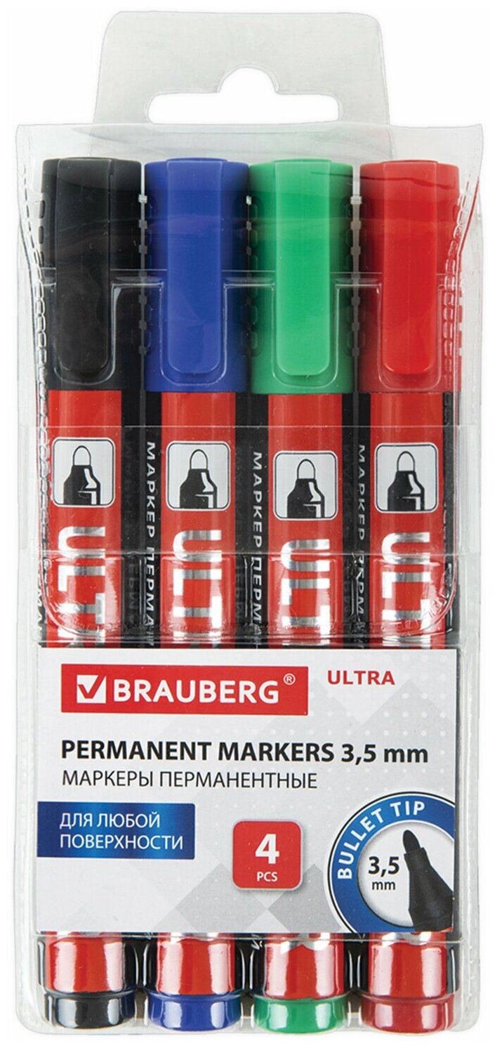 Маркеры перманентные BRAUBERG ULTRA MARKER, набор 4 цвета, круглый наконечник 3,5мм, 152208