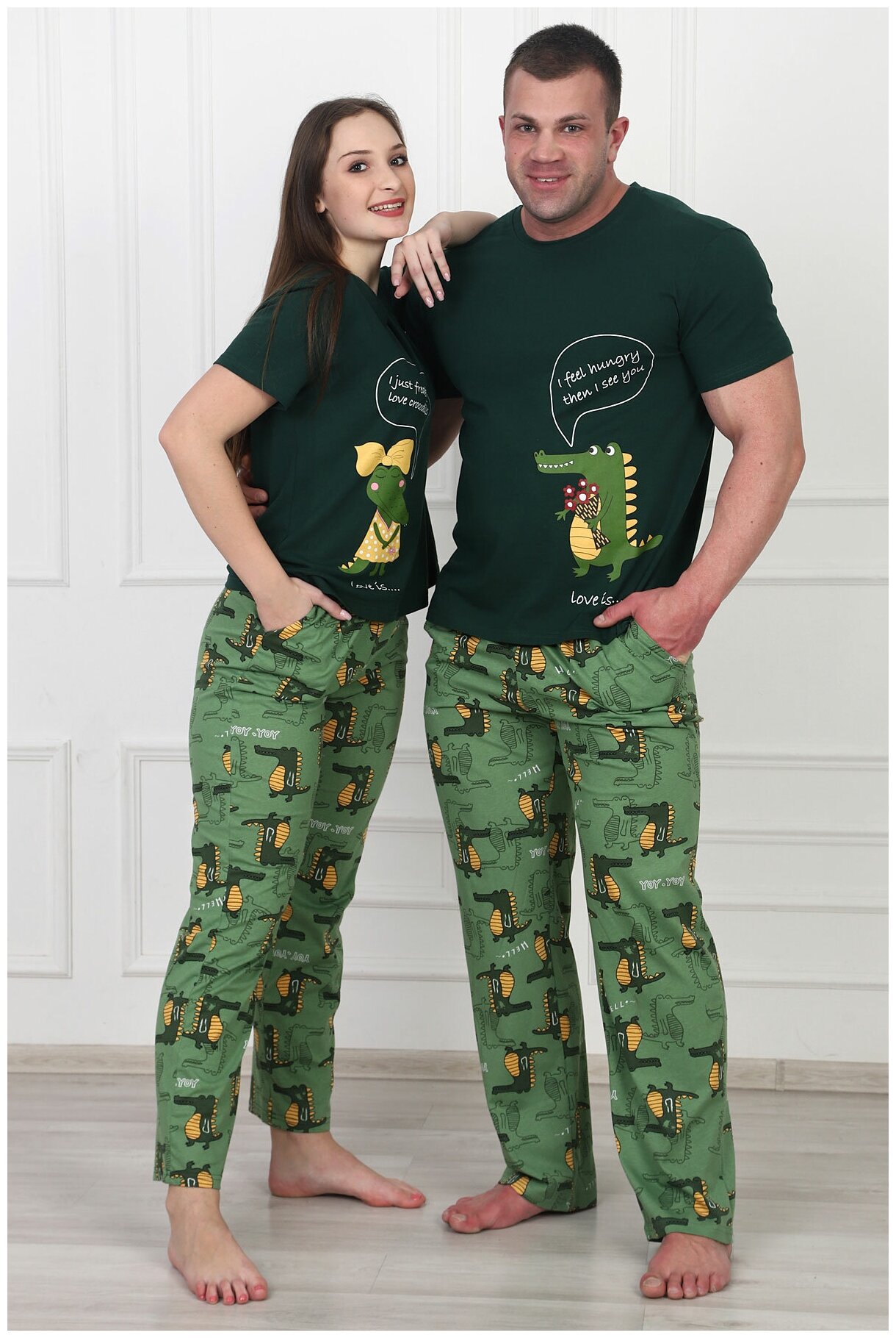 Мужская пижама Крокодильчики Зеленый размер 52 Кулирка Оптима трикотаж футболка с коротким рукавом брюки с краманами - фотография № 4