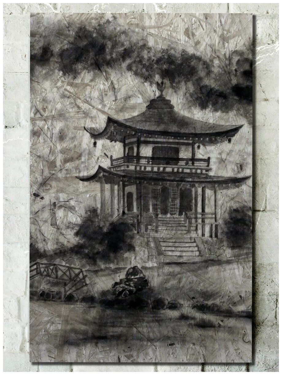 Картина интерьерная на рельефной доске китайская живопись (Го - хуа, пагода) - 900