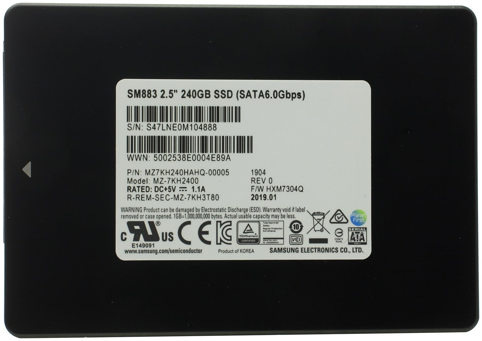 Накопитель SSD 2.5'' Samsung SM883 240GB 3D MLC NAND 540/480MB/s 97K/22K IOPS MTBF 2M 3DWPD 7mm - фото №2