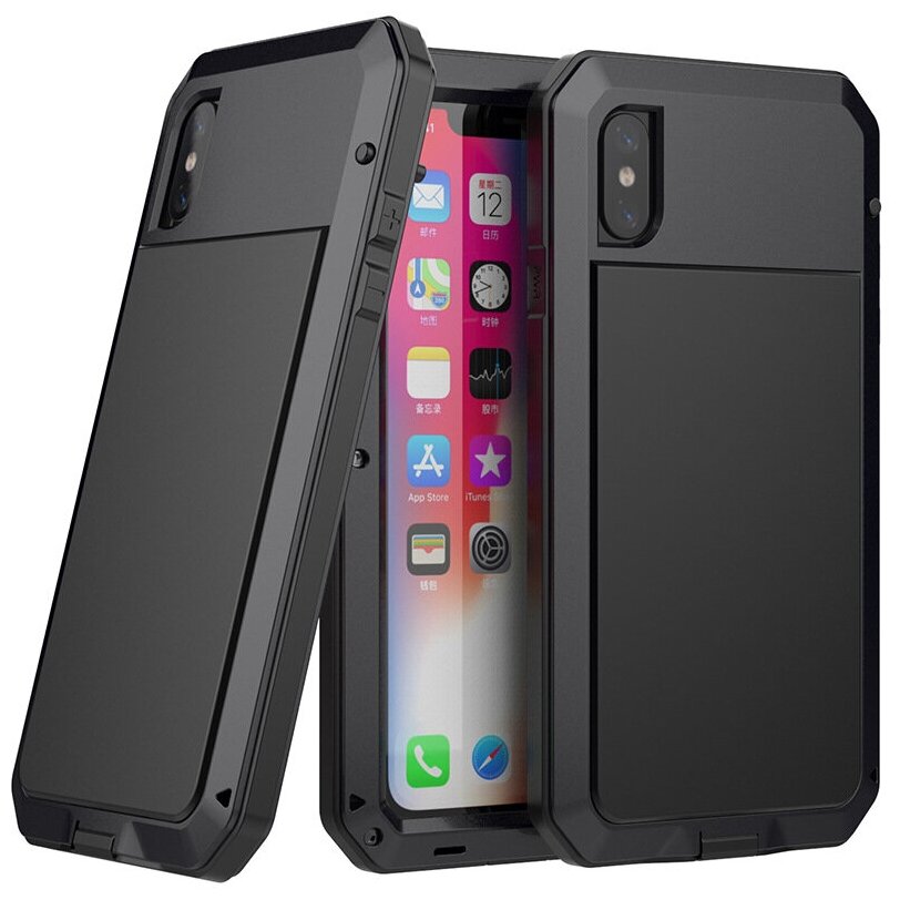 Чехол-бампер MyPads для iPhone XS Max противоударный влагозащитный цельно-металлический со стеклом черный