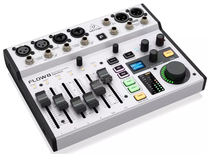 Behringer FLOW 8 цифровой микшер, 8 каналов: вход 4 TRS, 2 XLR, 2 XLR/TRS, USB порт; выход для педали, наушников, 2 TRS Send, 2 XLR. Bluetooth