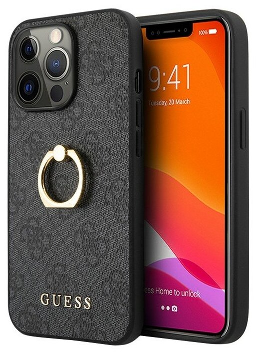Чехол Guess PU 4G + Ring Hard для iPhone 13 Pro Max, серый