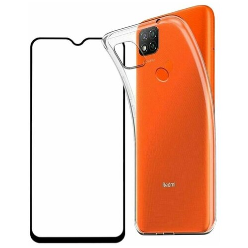 фото Комплект: защитный силиконовый чехол (прозрачный) и защитное стекло для xiaomi redmi 9c pduspb