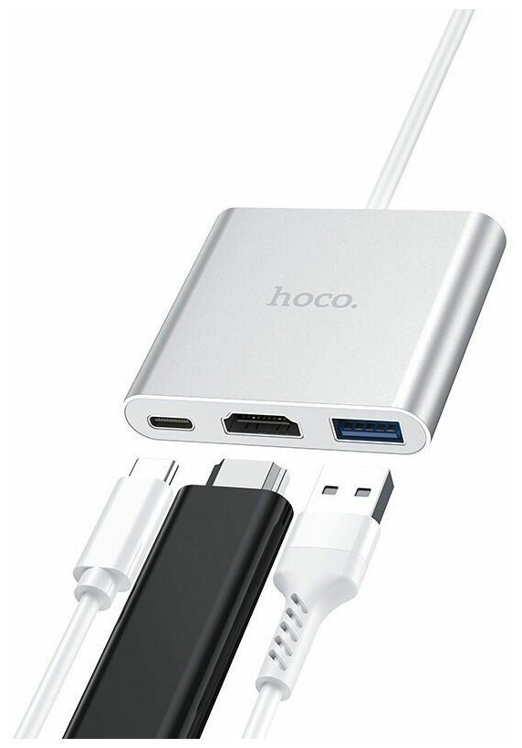 Адаптер HOCO HB14 Easy USB-C на USB30+HDMI+USB-C PD 67W (серый)