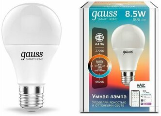 Лампа Gauss Smart Home A60 8,5W 806lm 2700-6500К E27 изм.цвет.темп.+димм. LED