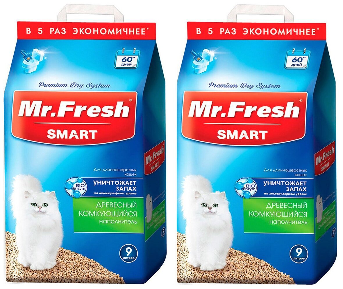 Наполнитель древесный комкующийся Mr. Fresh Smart для туалета длинношерстных кошек (9 + 9 л)