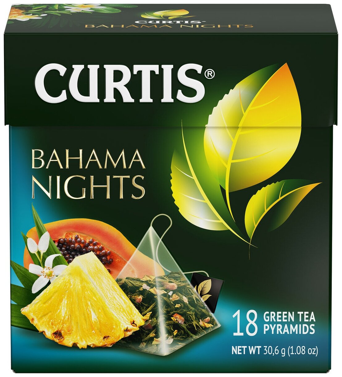 Чай зеленый в пирамидках CURTIS "Bahama Nights" 18 пирамидок, с кусочками спелого ананаса и ароматом экзотических фруктов, фруктовый ароматизированный - фотография № 1