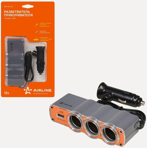 Изображение товара Разветвитель прикуривателя 3 гнезда + USB 12В (AIRLINE) ASP 3U 03