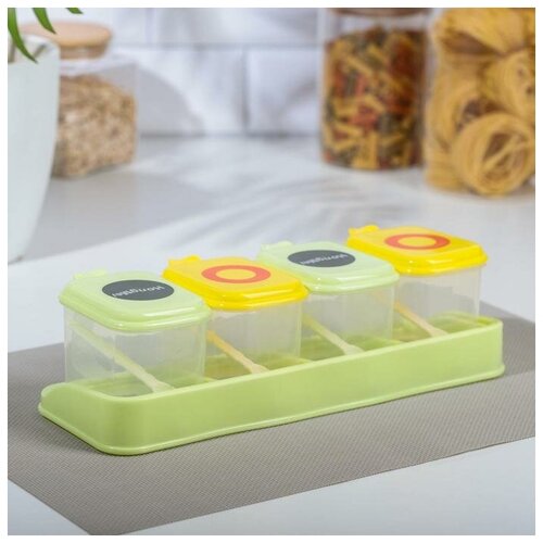 фото Набор банок для сыпучих продуктов на подставке 4 шт 0,4 л 30,5х11,5х9,5 см с ложками 759386 сима-ленд