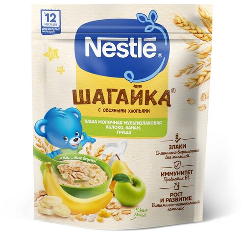 Каша Nestlé молочная Шагайка мультизлаковая с овсяными хлопьями яблоко,банан,груша, с 12 месяцев, 190 г