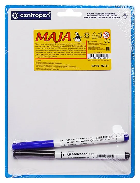 Доска маркерная Centropen "Maja" ("Майя") А5, 180*240 мм, двусторонняя, линия, 2 маркера (7729)