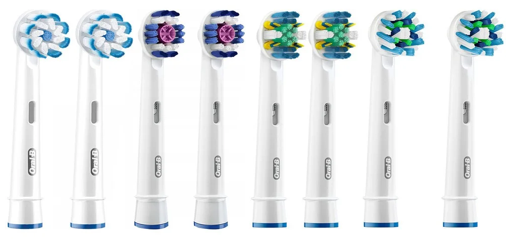 Набор насадок Oral-B Oral-B Cross Action EB 50-2, 3D White EB 18-2, Sensi Ultrathin EB 60-2 и Floss Action EB 25-2 для ирригатора и электрической щетки, белый, 8 шт. - фотография № 1