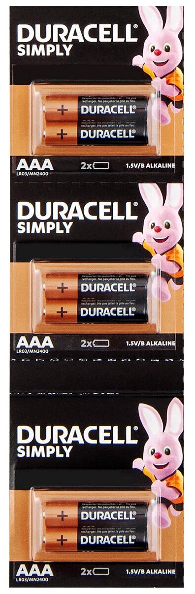 Батарейка алкалиновая AAA LR03 1.5V Duracell Basic MN2400, 6 шт.