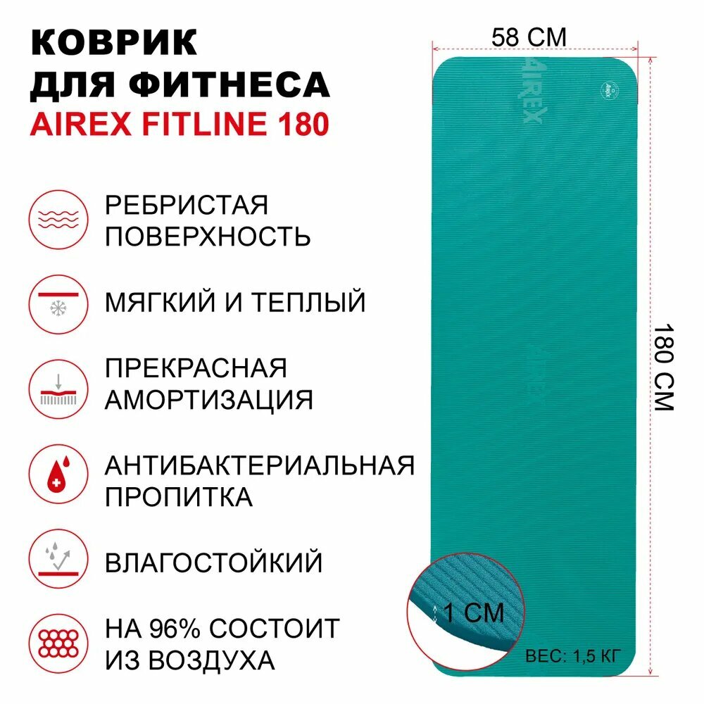 Коврик гимнастический для фитнеса AIREX Fitline-180, 180х58х1 см, цвет морская волна