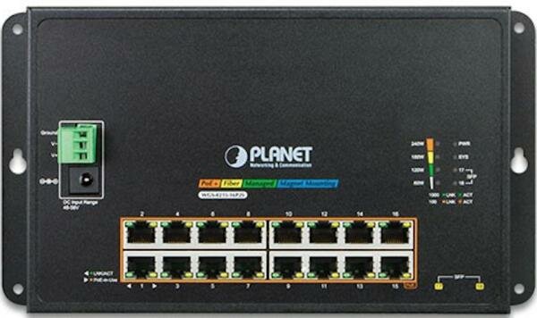 PLANET WGS-4215-16P2S IP40, IPv6/IPv4, 16-Port 1000T 802.3at PoE + 2-Port 100/1000X SFP Wall-mount Managed Ethernet Switch (-10 to 60 C, dual power in