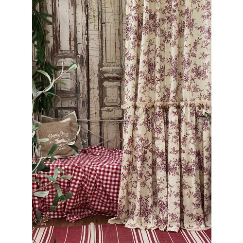 Шторы льняные комплект с цветами и птицами 