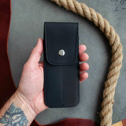 Изображение товара Пенал кожаный для двух ручек или карандашей, на кнопке. Черный. Футляр дл ручки