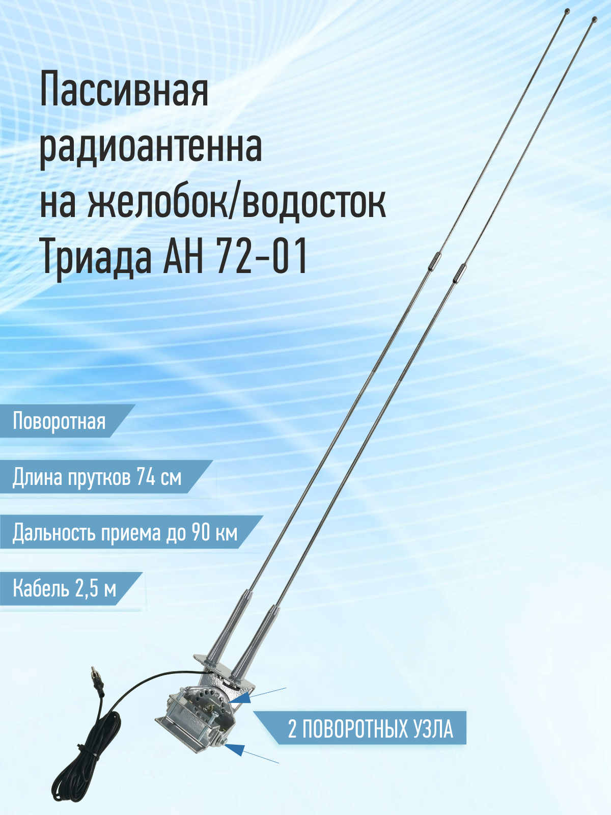 Автомобильная радиоантенна на желобок/водосток "Триада-АН 72-01" с двумя прутками, хром, 60 см
