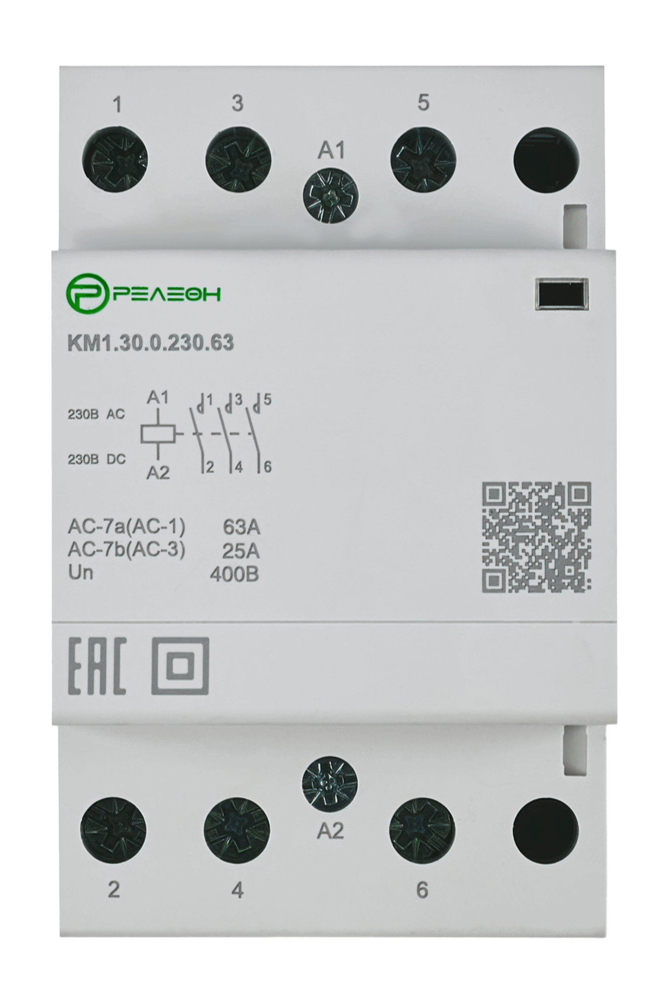 Модульный контактор 4НО контакта 63А; 110В AC/DC, релеон, KM1.40.0.110.63 — фото 1
