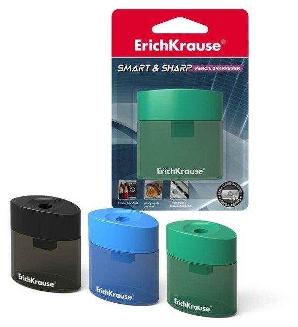 Точилка 1 отверстие ErichKrause Smart & Sharp, с контейнером, отверстие диаметром 8 мм, в блистере, микс