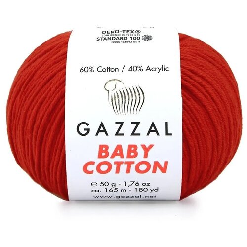 Пряжа Gazzal Baby Cotton (Газзал Беби Коттон) - 5 мотков Ярко-красный (3443) 60% хлопок, 40% акрил 165м/50г