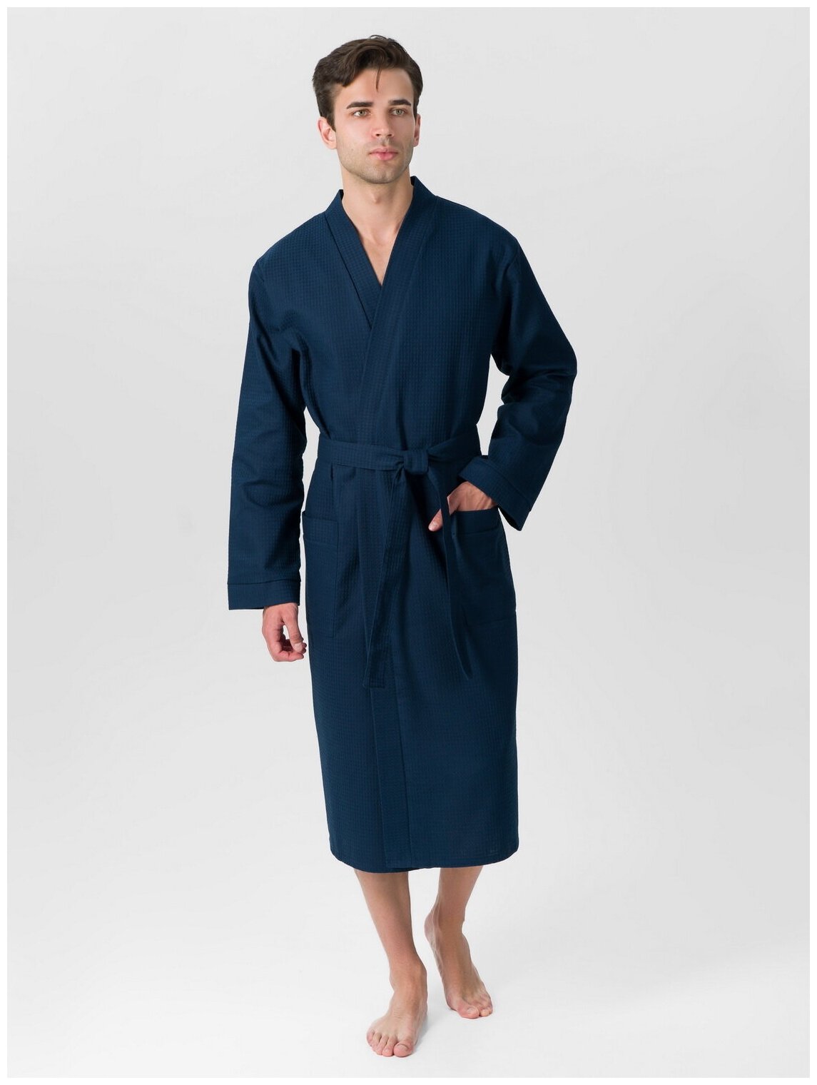 Мужской вафельный халат с планкой, темно-синий. Размер: 54-56