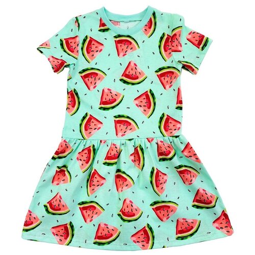 фото Платье детский трикотаж 37, хлопок, трикотаж, фруктовый принт, размер 30 (104-110), зеленый, красный