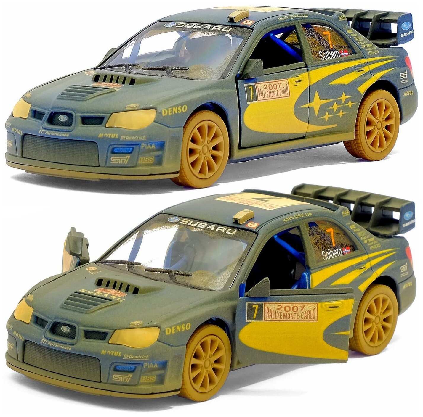 Машинка металлическая Kinsmart 1:36 Раллийная Subaru Impreza WRC 2007 5328DYKT инерционная, двери открываются / Cине-желтый с эффектом грязи