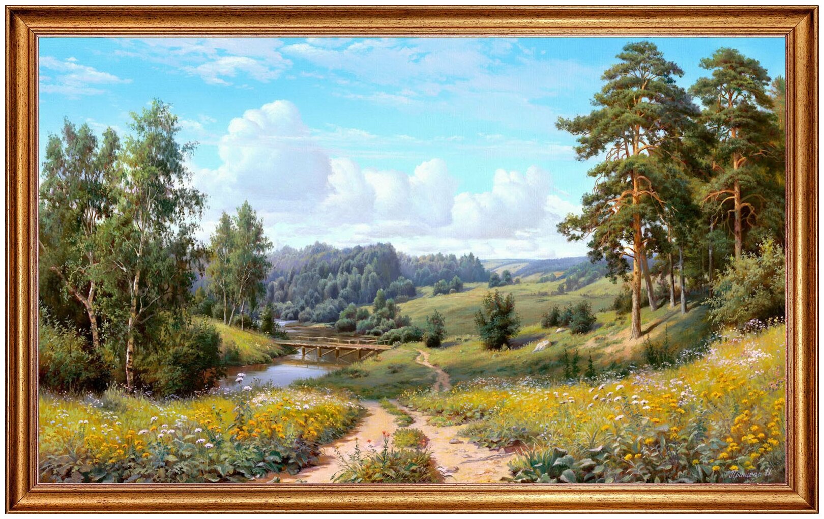 Картина на холсте, "Мостик через речку", 100х60 см. Холст на деревянном подрамнике, оформлена в багет, Арт. ПИ-х15
