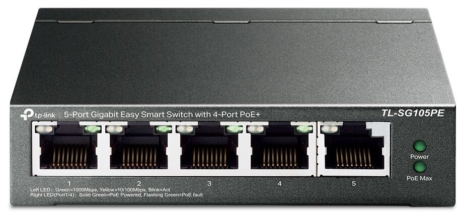 5-Port Gigabit Easy Smart Switch with 4-Port PoE+, metal case, desktop mount, PoE budget 65W, suppor