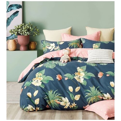 фото Постельное белье boris a+b синий / пурпурный , сатин семейный (простыня на резинке по кругу)