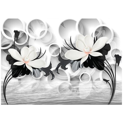 Черно-белые цветы и кольца - Виниловые фотообои, (211х150 см) белые цветы виниловые фотообои 211х150 см