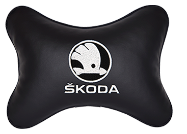 Подушка на подголовник экокожа Black (белая) с логотипом автомобиля SKODA