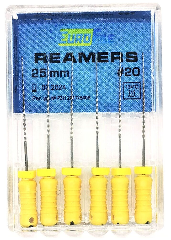 Reamers - стальные ручные дрильборы (каналорасширители), 25 мм, N 20, 6 шт/упак