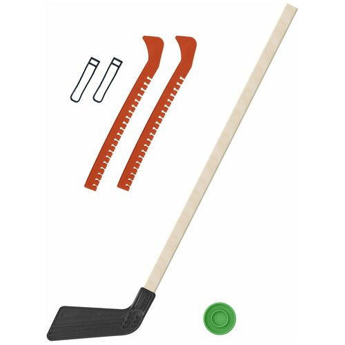 фото Набор зимний: клюшка хоккейная чёрная 80 см.+шайба + чехлы для коньков оранжевые, задира-плюс