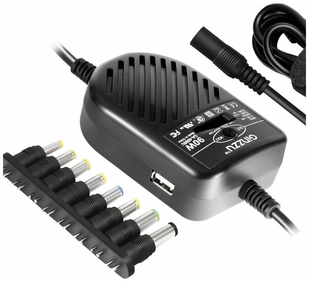 Блок питания Ginzzu GA-4090U ручной 90W 15V-24V 8-connectors 4A 1xUSB 2.1A от прикуривателя LED индикатор