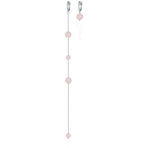 дизайнерские асимметричные серьги цепи с розово коричневым кварцем Серьги непарные L'attrice, кварц, серебряный, розовый