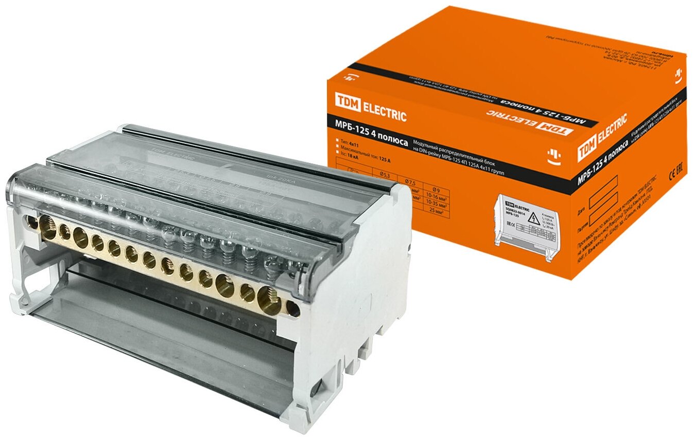 фото Распределительные блоки на DIN-рейку TDM Модульный распределительный блок на DIN-рейку МРБ-125 4П 125А 4х11 групп TDM SQ0823-0014