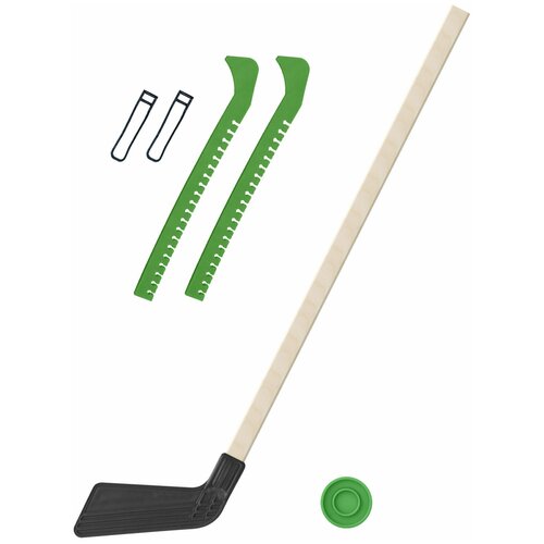 Детский хоккейный набор для игр на улице, свежем воздухе для зимы для лета Клюшка хоккейная детская чёрная 80 см. + шайба + Чехлы для коньков зеленые
