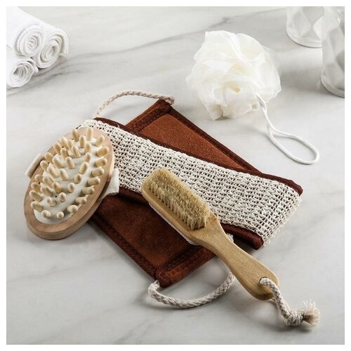 фото Набор банный, 4 предмета: щётка с пемзой, 2 мочалки, массажёр, цвет микс нет бренда