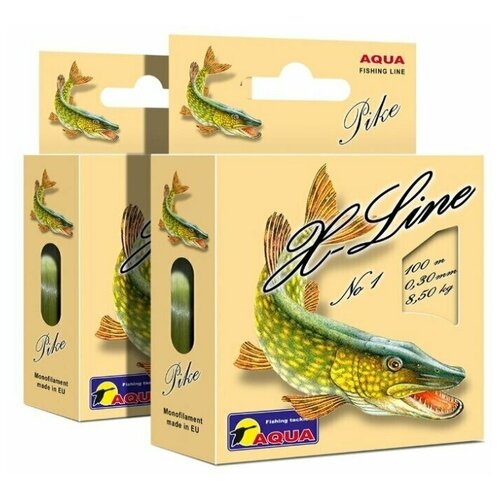фото Леска aqua x-line pike (щука) 0,30mm 100m, цвет - оливковый, test - 8,50kg (набор 2 шт)