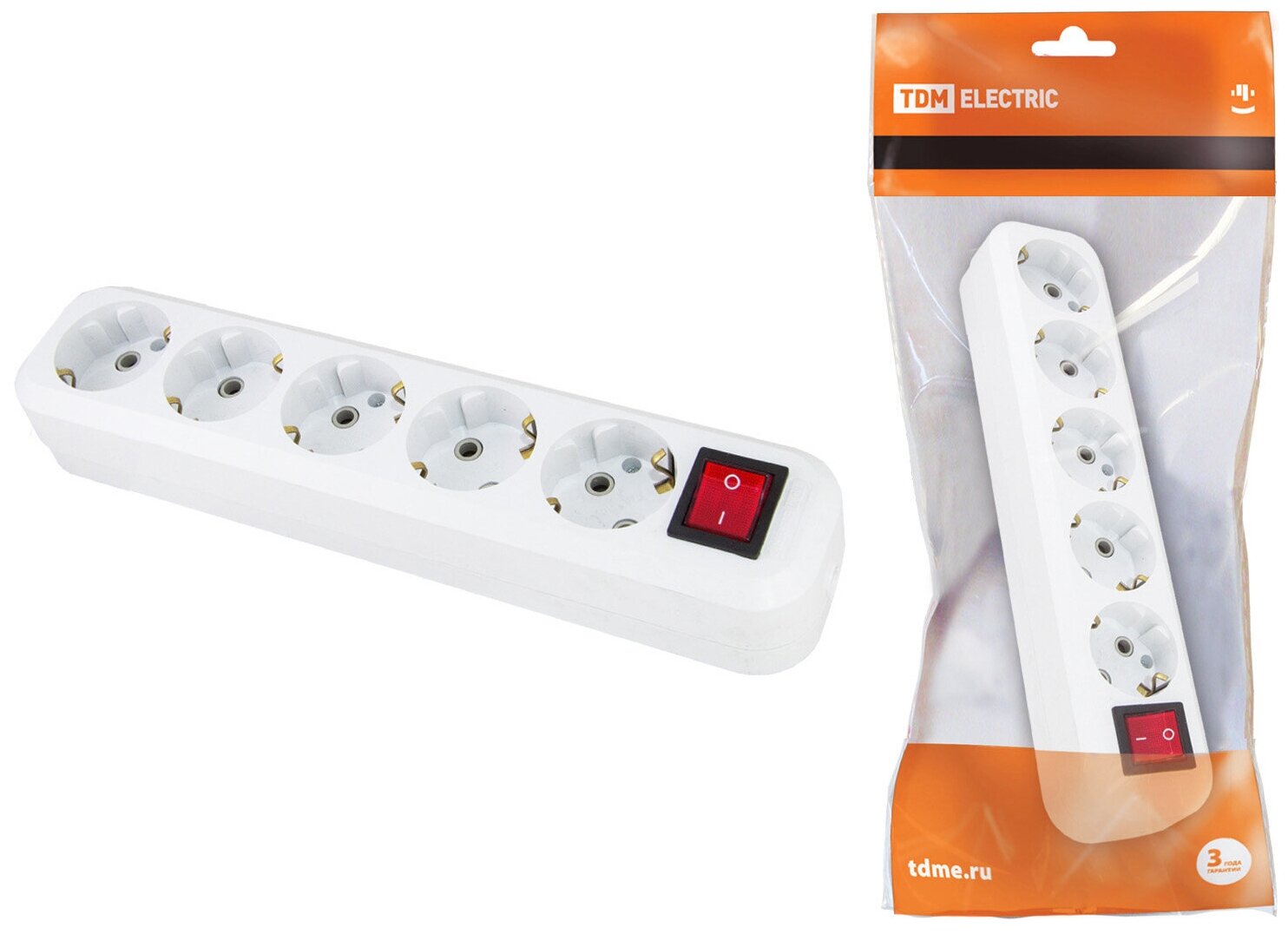 фото Колодка розеточная 5 гнезд 2П+3 с выключателем16А 250В белая TDM