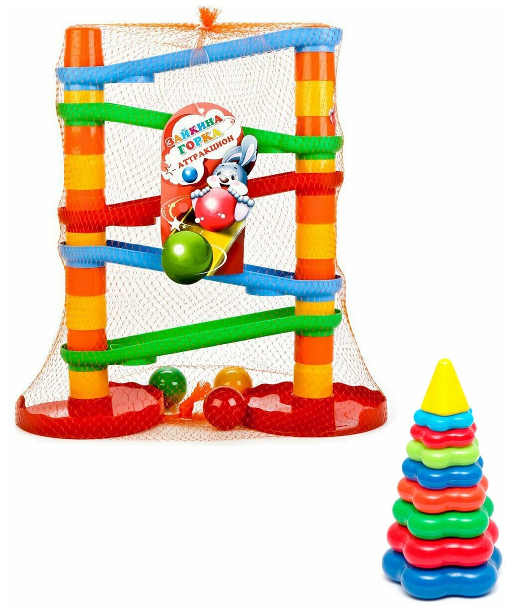Детский развивающий набор для малышей Игра "Зайкина горка с шариками Аттракцион №1" + Пирамидка детская большая биплант