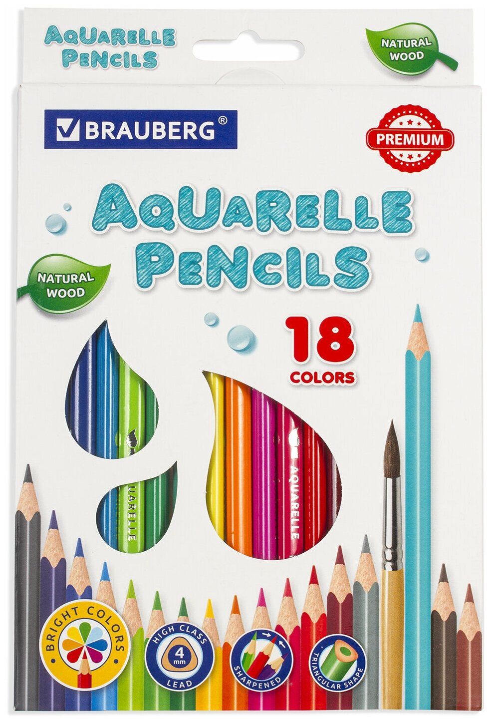 Карандаши цветные акварельные BRAUBERG PREMIUM AQUARELLE, 18 цветов, грифель мягкий 4 мм, 181672