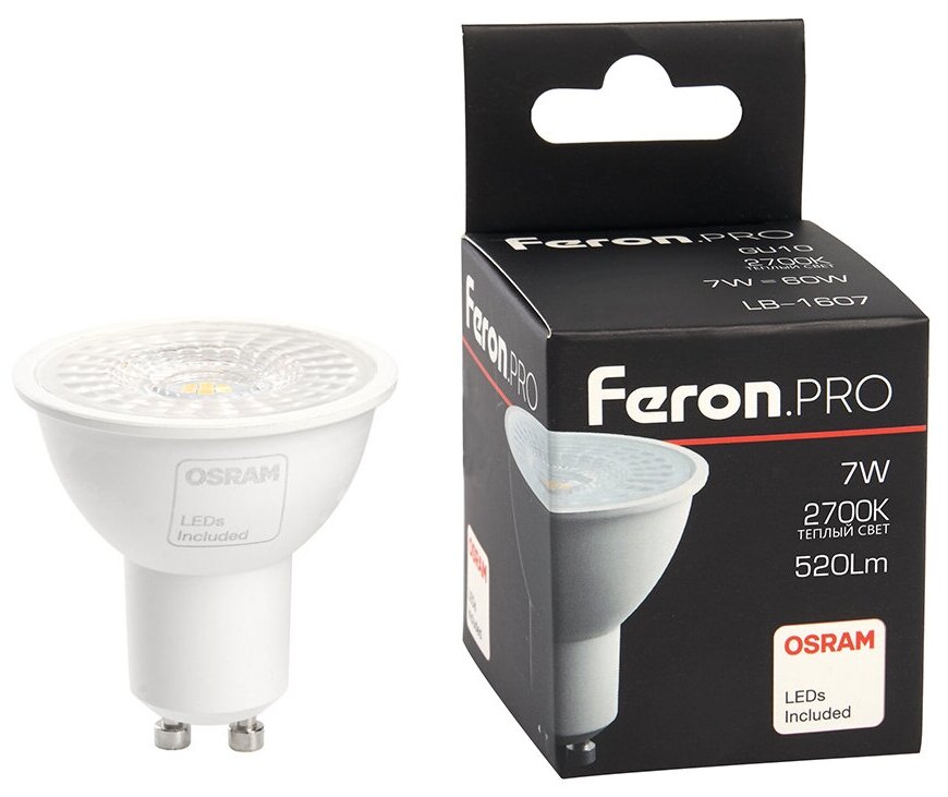 38176 Лампа светодиодная Feron PRO 7W=60W 230V GU10 Рефлектор PAR16 520Лм Ra>80 угол 38° 2700К, упаковка 1шт