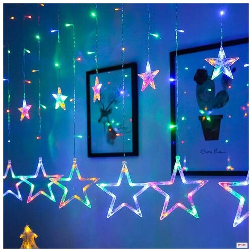 фото Новогодняя светодиодная гирлянда штора звездочки с пультом 3 х 1 м цветной baziator